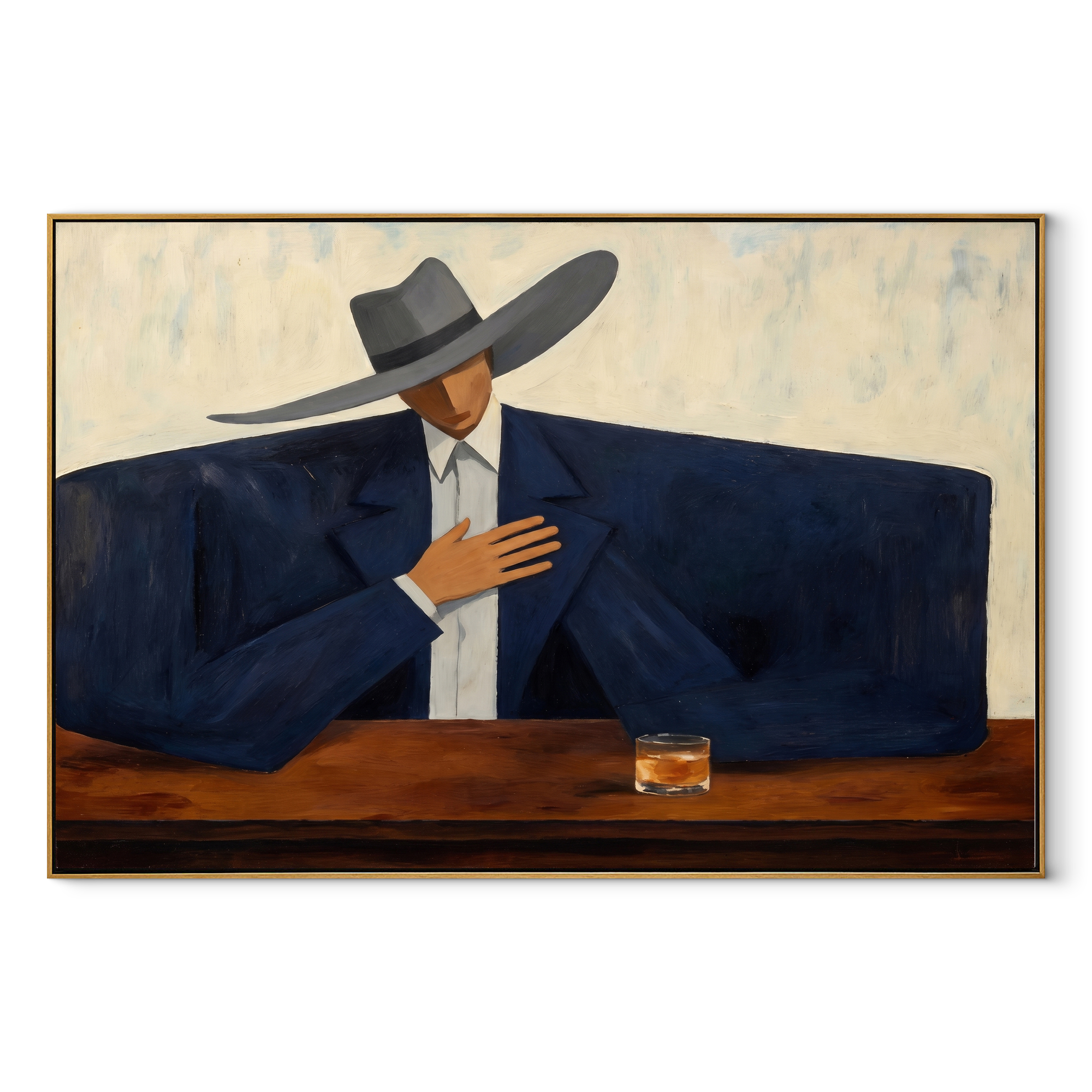 Blue Shoulders Wait Quietly - cowboy bar portrait painting by Marcus Lau, retro modern horizontal wall art – wood frame on white background
