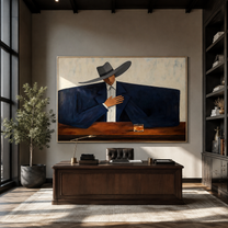 Blue Shoulders Wait Quietly - cowboy bar portrait painting by Marcus Lau, retro modern horizontal wall art – styled room scene view 2