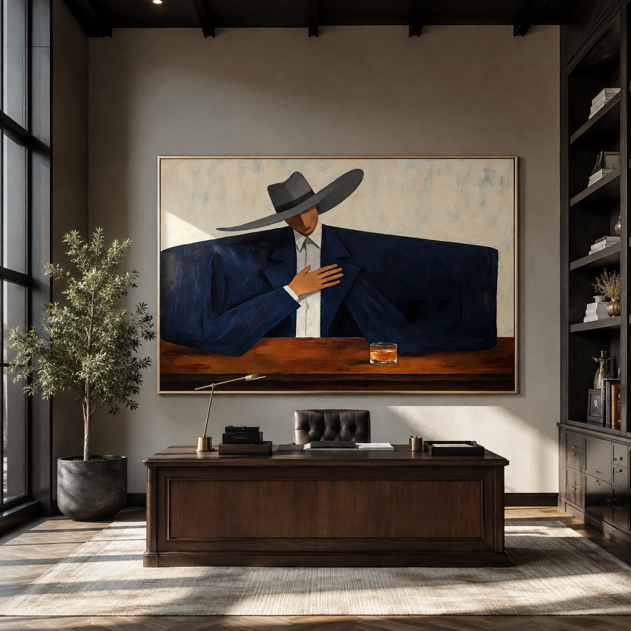 Blue Shoulders Wait Quietly - cowboy bar portrait painting by Marcus Lau, retro modern horizontal wall art – styled room scene view 2
