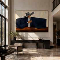 Blue Shoulders Wait Quietly - cowboy bar portrait painting by Marcus Lau, retro modern horizontal wall art – styled room scene view 3