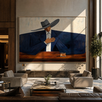 Blue Shoulders Wait Quietly - cowboy bar portrait painting by Marcus Lau, retro modern horizontal wall art – styled room scene view 4
