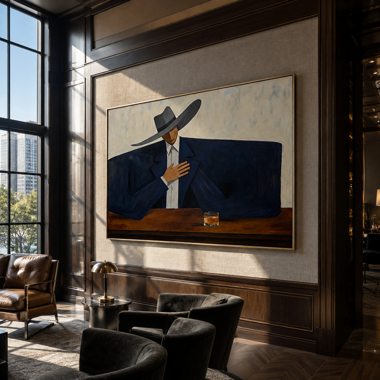 Blue Shoulders Wait Quietly - cowboy bar portrait painting by Marcus Lau, retro modern horizontal wall art – styled room scene view 5