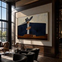 Blue Shoulders Wait Quietly - cowboy bar portrait painting by Marcus Lau, retro modern horizontal wall art – styled room scene view 5