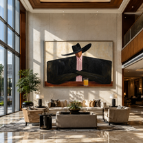 Pink Tie Guards Amber - cowboy cocktail portrait painting by Marcus Lau, retro modern horizontal wall art – styled room scene view 1