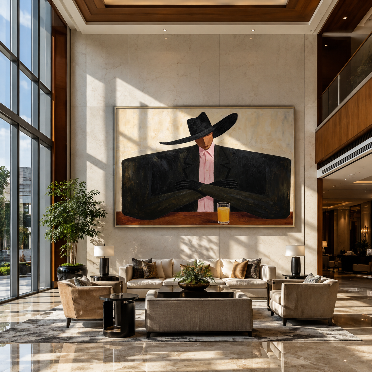Pink Tie Guards Amber - cowboy cocktail portrait painting by Marcus Lau, retro modern horizontal wall art – styled room scene view 1