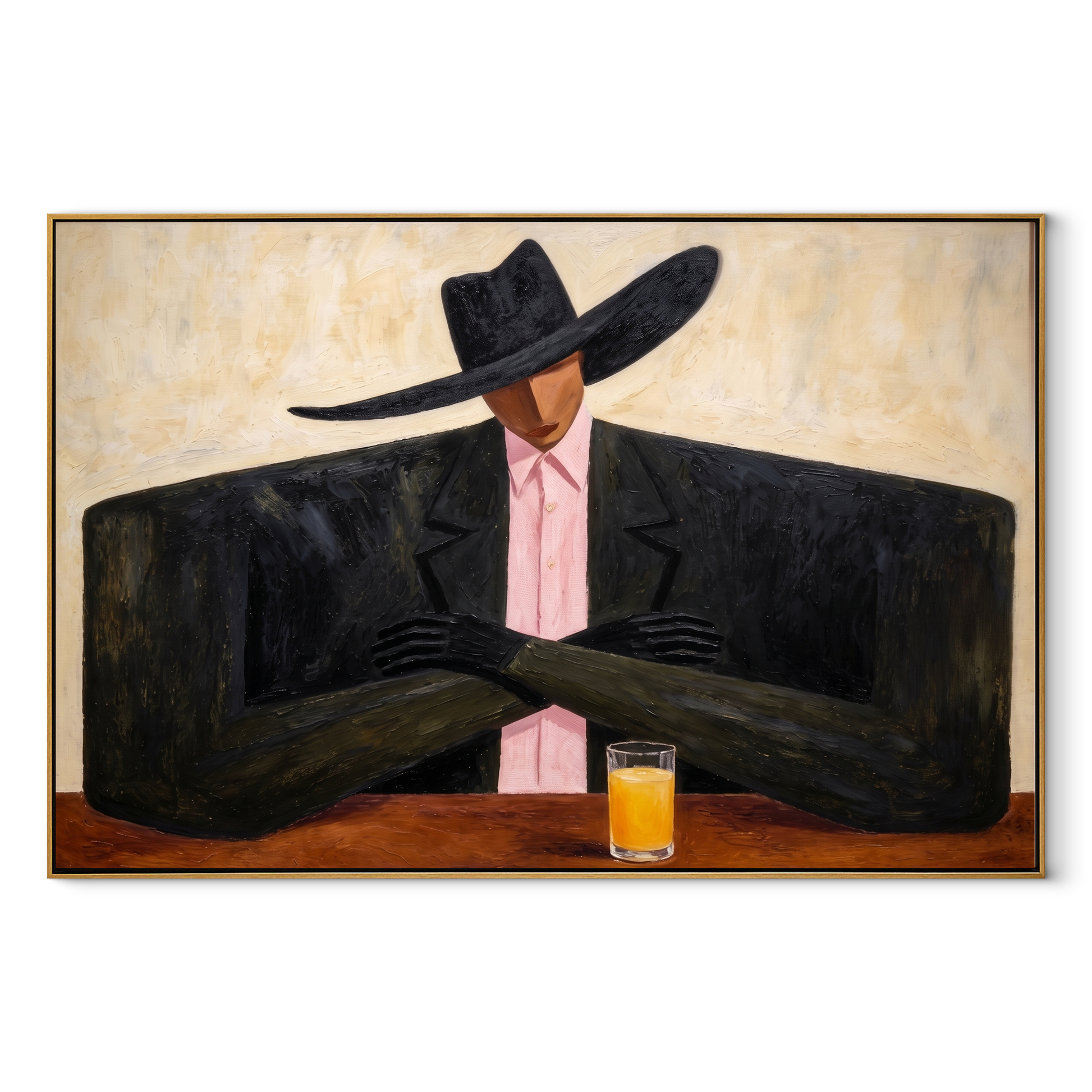 Pink Tie Guards Amber - cowboy cocktail portrait painting by Marcus Lau, retro modern horizontal wall art – wood frame on white background