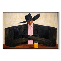 Pink Tie Guards Amber - cowboy cocktail portrait painting by Marcus Lau, retro modern horizontal wall art – wood frame on white background