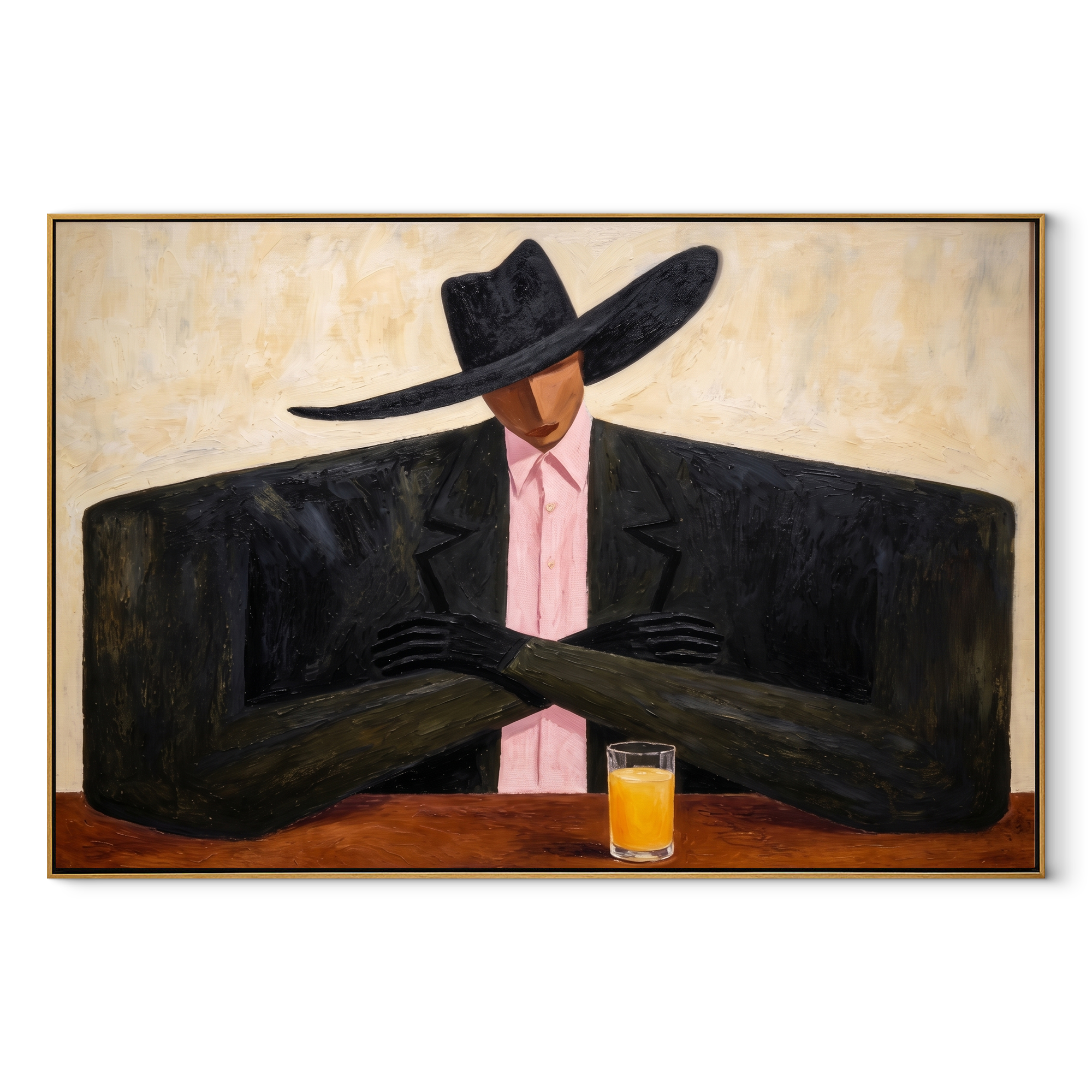 Pink Tie Guards Amber - cowboy cocktail portrait painting by Marcus Lau, retro modern horizontal wall art – wood frame on white background
