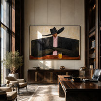 Pink Tie Guards Amber - cowboy cocktail portrait painting by Marcus Lau, retro modern horizontal wall art – styled room scene view 2