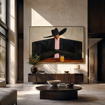 Pink Tie Guards Amber - cowboy cocktail portrait painting by Marcus Lau, retro modern horizontal wall art – styled room scene view 3
