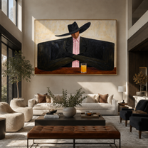 Pink Tie Guards Amber - cowboy cocktail portrait painting by Marcus Lau, retro modern horizontal wall art – styled room scene view 4
