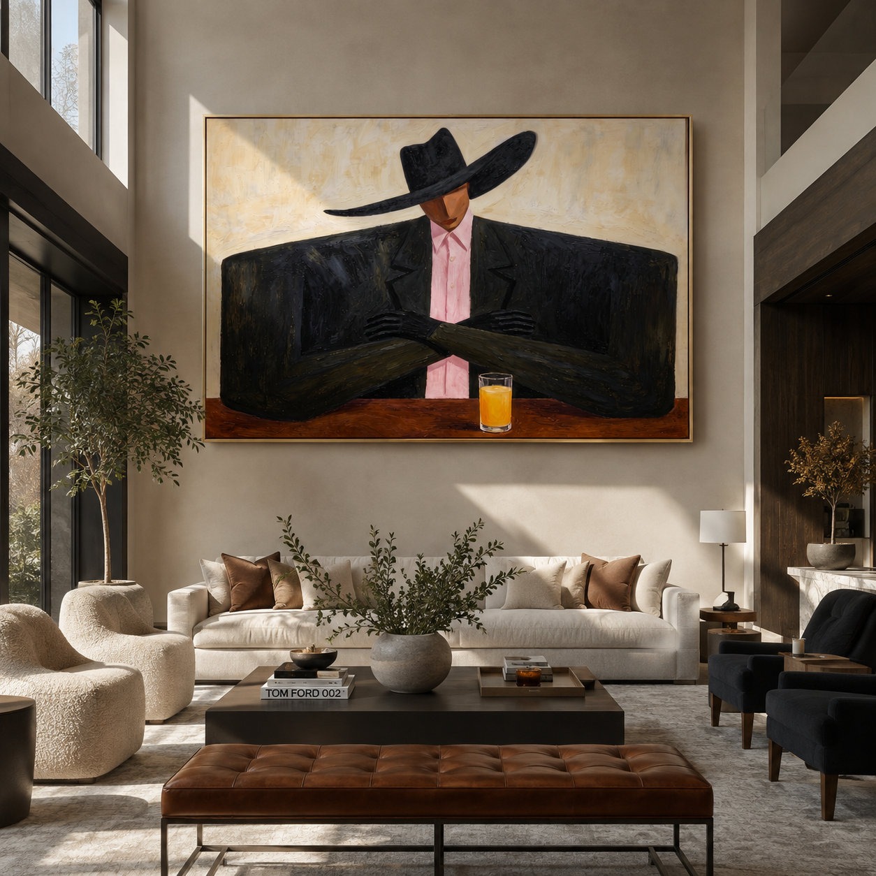 Pink Tie Guards Amber - cowboy cocktail portrait painting by Marcus Lau, retro modern horizontal wall art – styled room scene view 4