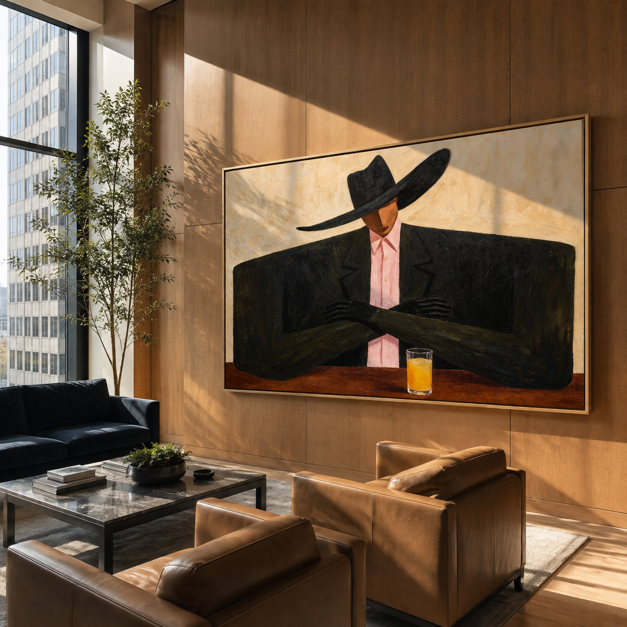 Pink Tie Guards Amber - cowboy cocktail portrait painting by Marcus Lau, retro modern horizontal wall art – styled room scene view 5