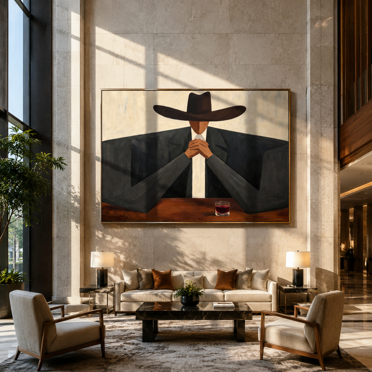 Burgundy Glass Holds Counsel - cowboy bar portrait painting by Marcus Lau, retro modern horizontal wall art – styled room scene view 1