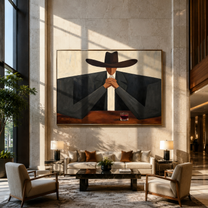Burgundy Glass Holds Counsel - cowboy bar portrait painting by Marcus Lau, retro modern horizontal wall art – styled room scene view 1