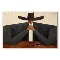 Burgundy Glass Holds Counsel - cowboy bar portrait painting by Marcus Lau, retro modern horizontal wall art – wood frame on white background