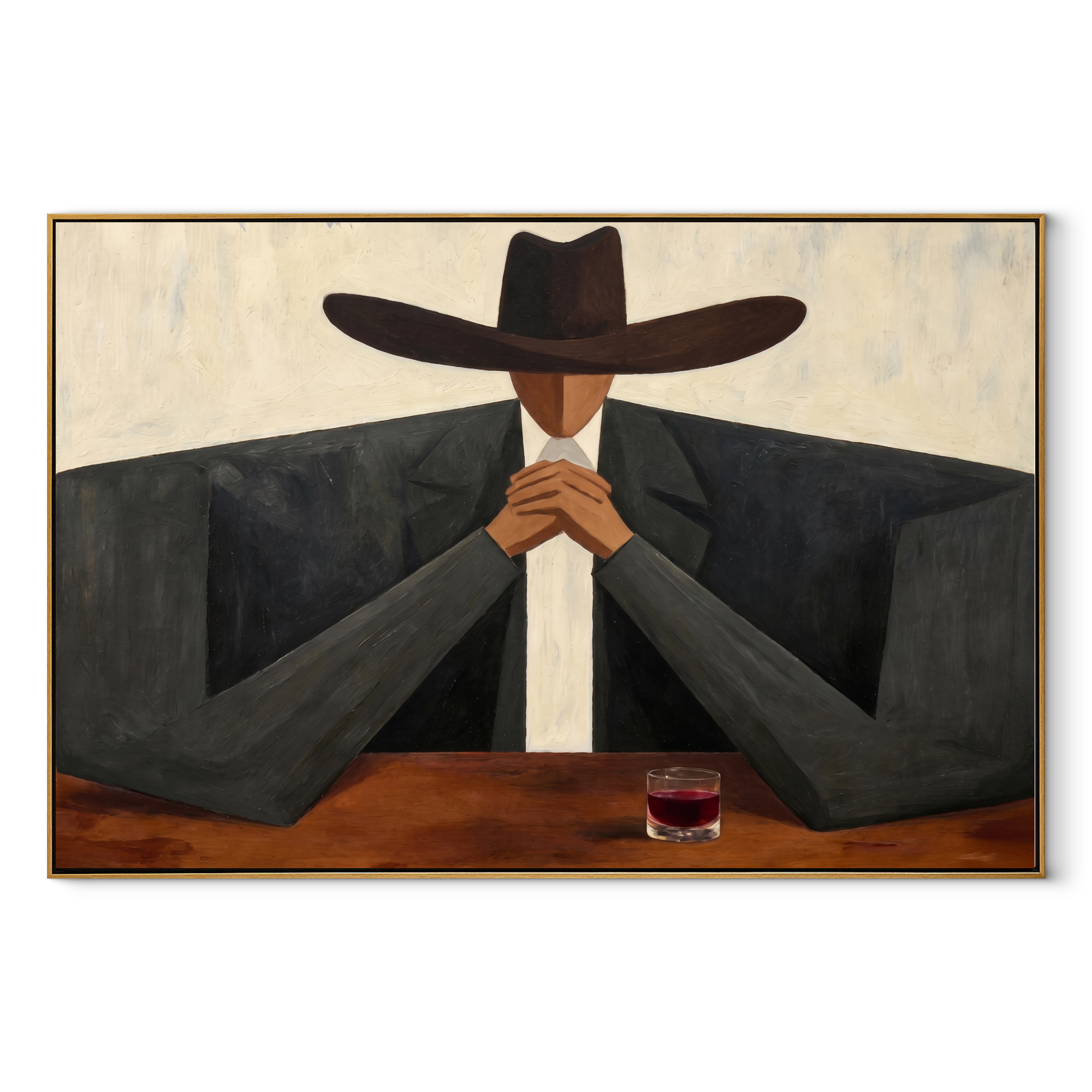 Burgundy Glass Holds Counsel - cowboy bar portrait painting by Marcus Lau, retro modern horizontal wall art – wood frame on white background