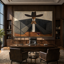 Burgundy Glass Holds Counsel - cowboy bar portrait painting by Marcus Lau, retro modern horizontal wall art – styled room scene view 2