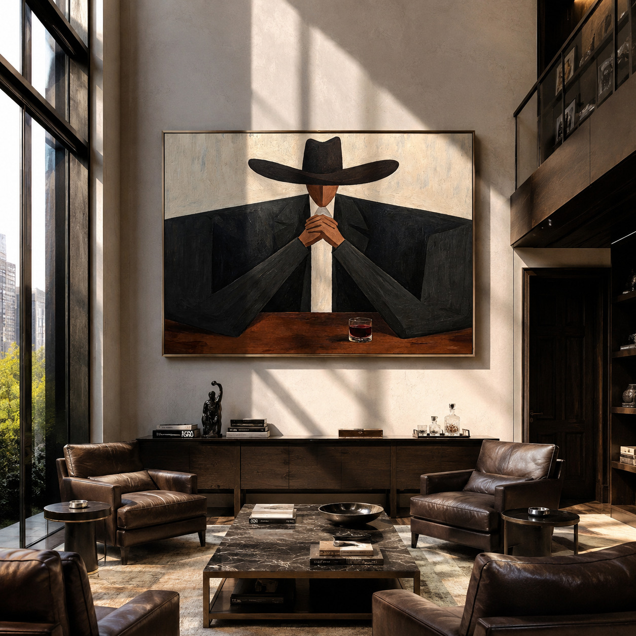 Burgundy Glass Holds Counsel - cowboy bar portrait painting by Marcus Lau, retro modern horizontal wall art – styled room scene view 3