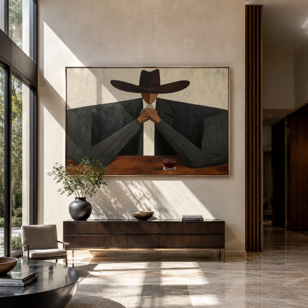 Burgundy Glass Holds Counsel - cowboy bar portrait painting by Marcus Lau, retro modern horizontal wall art – styled room scene view 4