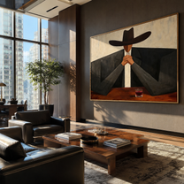 Burgundy Glass Holds Counsel - cowboy bar portrait painting by Marcus Lau, retro modern horizontal wall art – styled room scene view 5