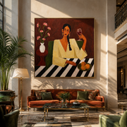 Wine Glass Warms Flowers - woman wine table painting by Marcus Lau, retro modern square wall art – styled room scene view 1