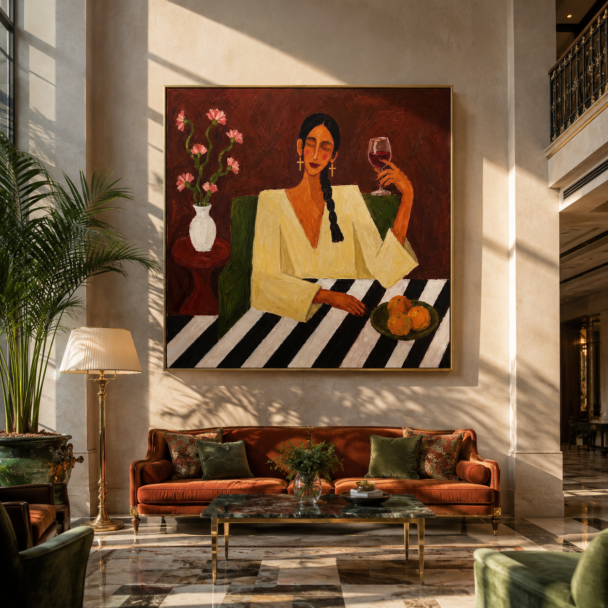 Wine Glass Warms Flowers - woman wine table painting by Marcus Lau, retro modern square wall art – styled room scene view 1