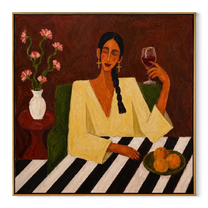 Wine Glass Warms Flowers - woman wine table painting by Marcus Lau, retro modern square wall art – wood frame on white background