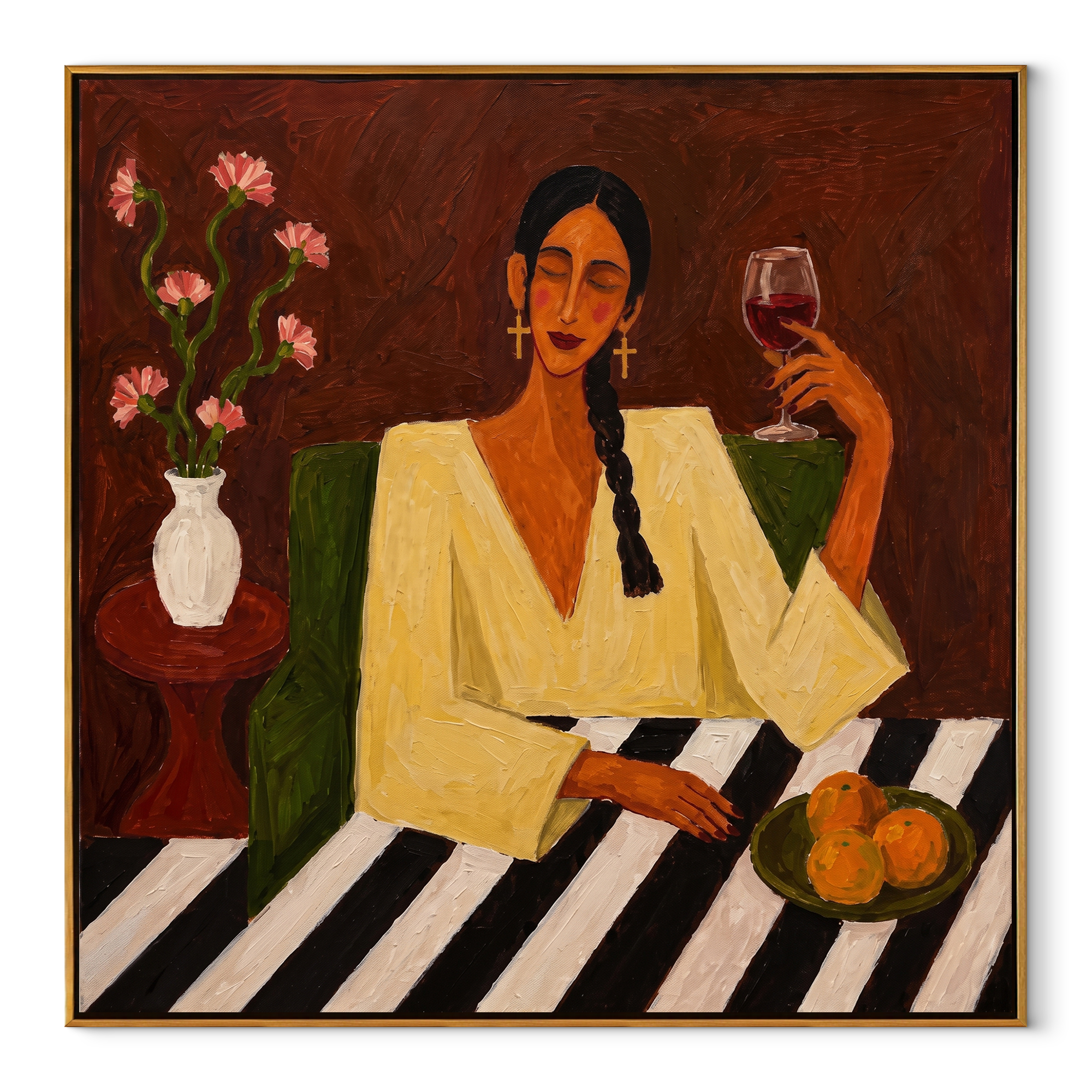 Wine Glass Warms Flowers - woman wine table painting by Marcus Lau, retro modern square wall art – wood frame on white background