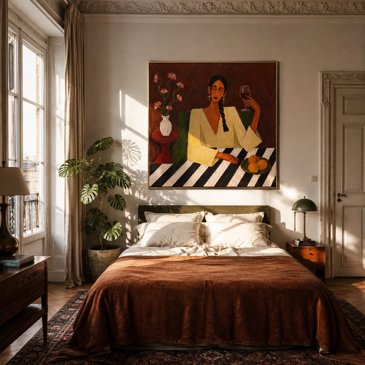 Wine Glass Warms Flowers - woman wine table painting by Marcus Lau, retro modern square wall art – styled room scene view 2