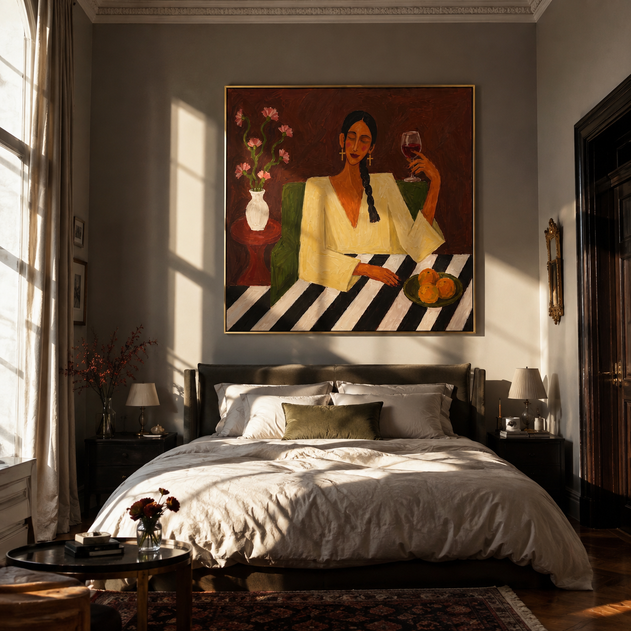 Wine Glass Warms Flowers - woman wine table painting by Marcus Lau, retro modern square wall art – styled room scene view 4