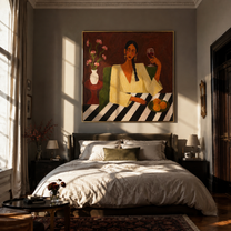 Wine Glass Warms Flowers - woman wine table painting by Marcus Lau, retro modern square wall art – styled room scene view 4