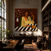 Wine Glass Warms Flowers - woman wine table painting by Marcus Lau, retro modern square wall art – styled room scene view 5