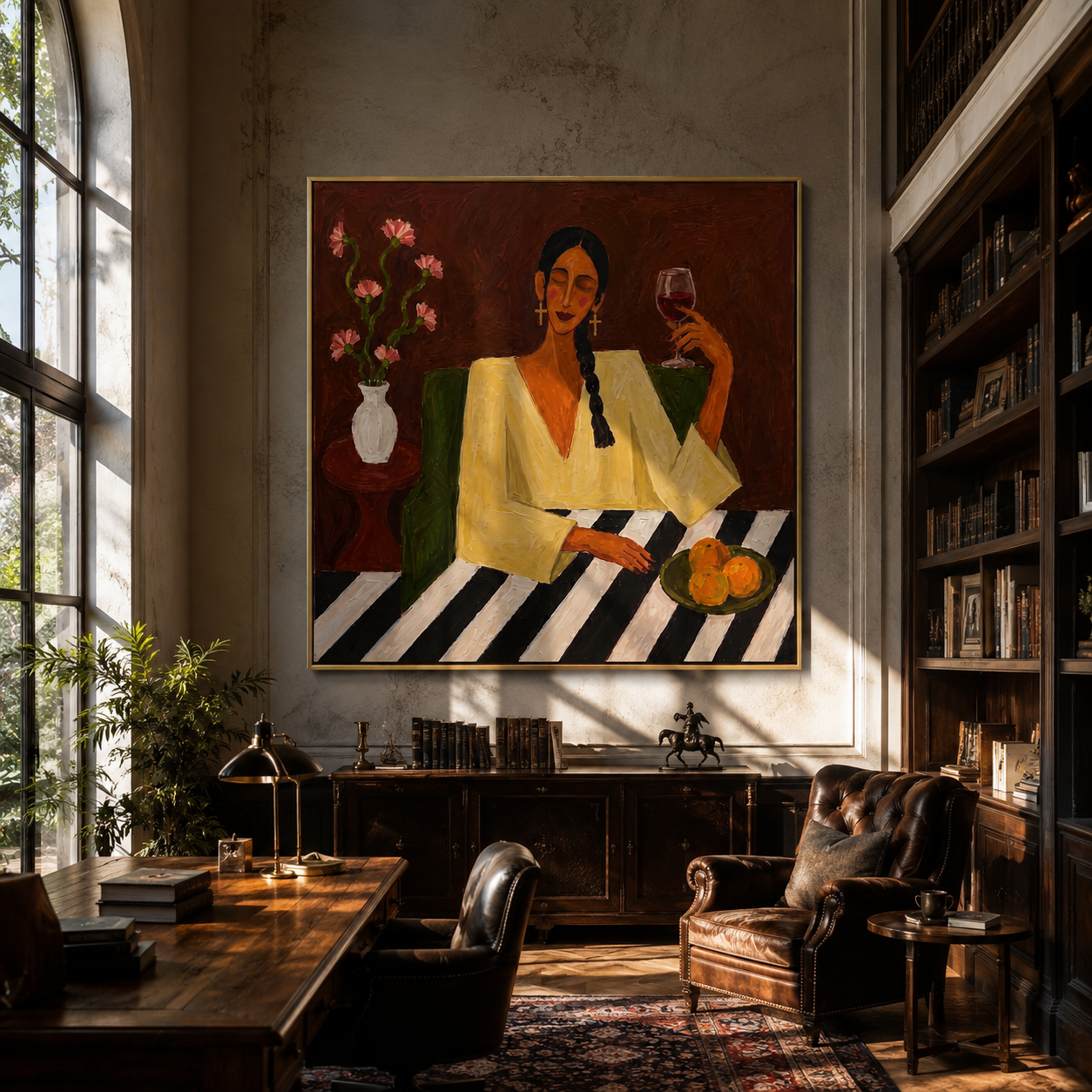 Wine Glass Warms Flowers - woman wine table painting by Marcus Lau, retro modern square wall art – styled room scene view 5