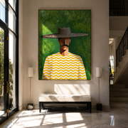 Gray Brim Meets Meadow - man hat portrait painting by Marcus Lau, retro modern vertical wall art – styled room scene view 1