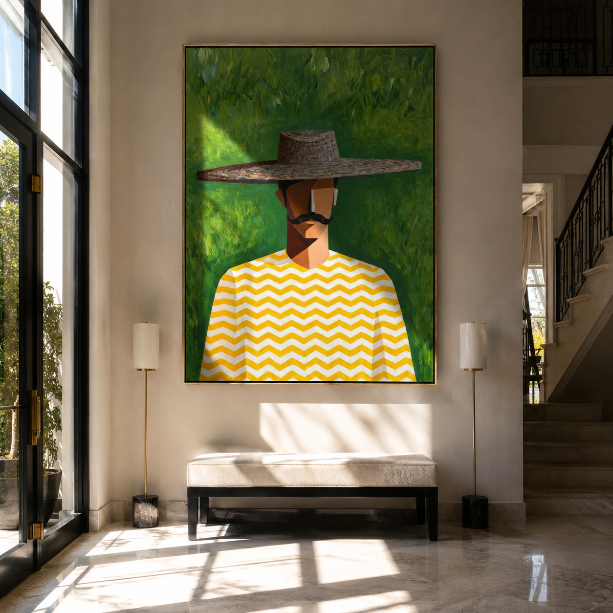 Gray Brim Meets Meadow - man hat portrait painting by Marcus Lau, retro modern vertical wall art – styled room scene view 1