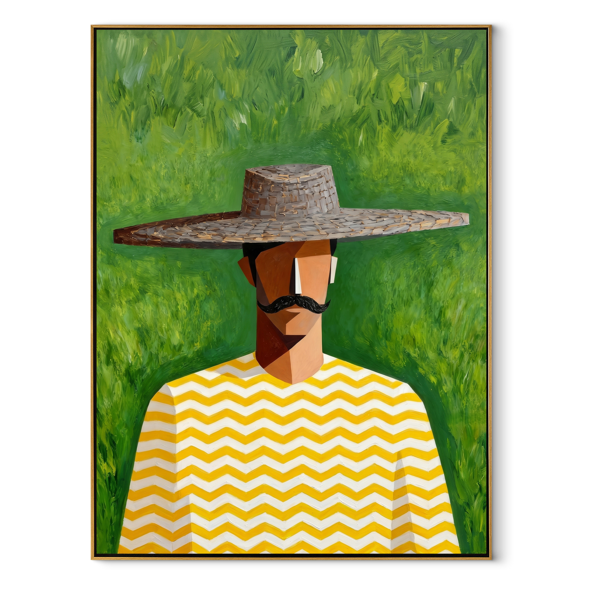 Gray Brim Meets Meadow - man hat portrait painting by Marcus Lau, retro modern vertical wall art – wood frame on white background