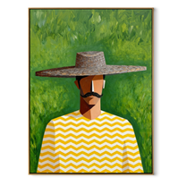 Gray Brim Meets Meadow - man hat portrait painting by Marcus Lau, retro modern vertical wall art – wood frame on white background