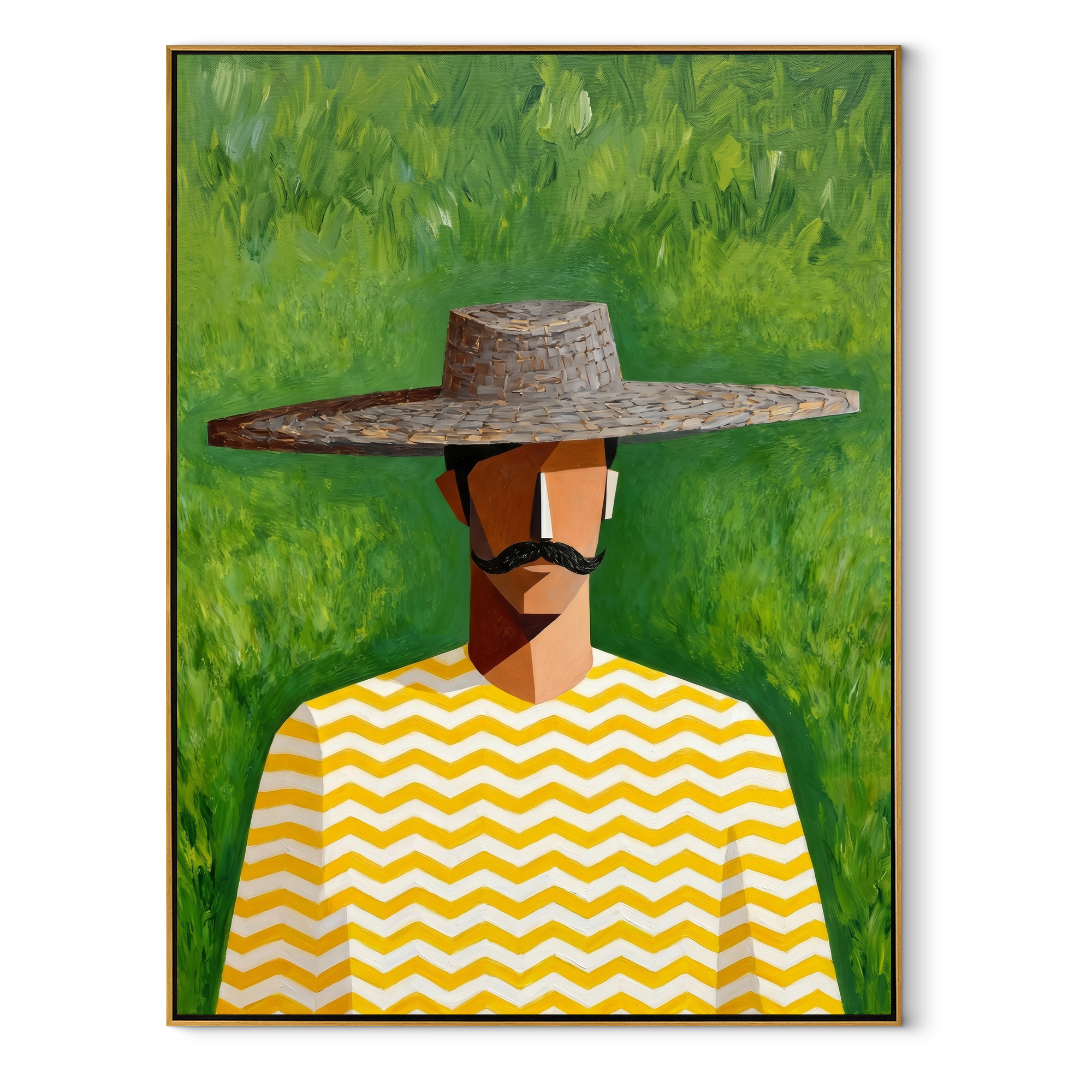 Gray Brim Meets Meadow - man hat portrait painting by Marcus Lau, retro modern vertical wall art – wood frame on white background