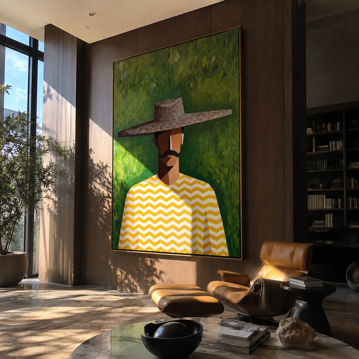 Gray Brim Meets Meadow - man hat portrait painting by Marcus Lau, retro modern vertical wall art – styled room scene view 2