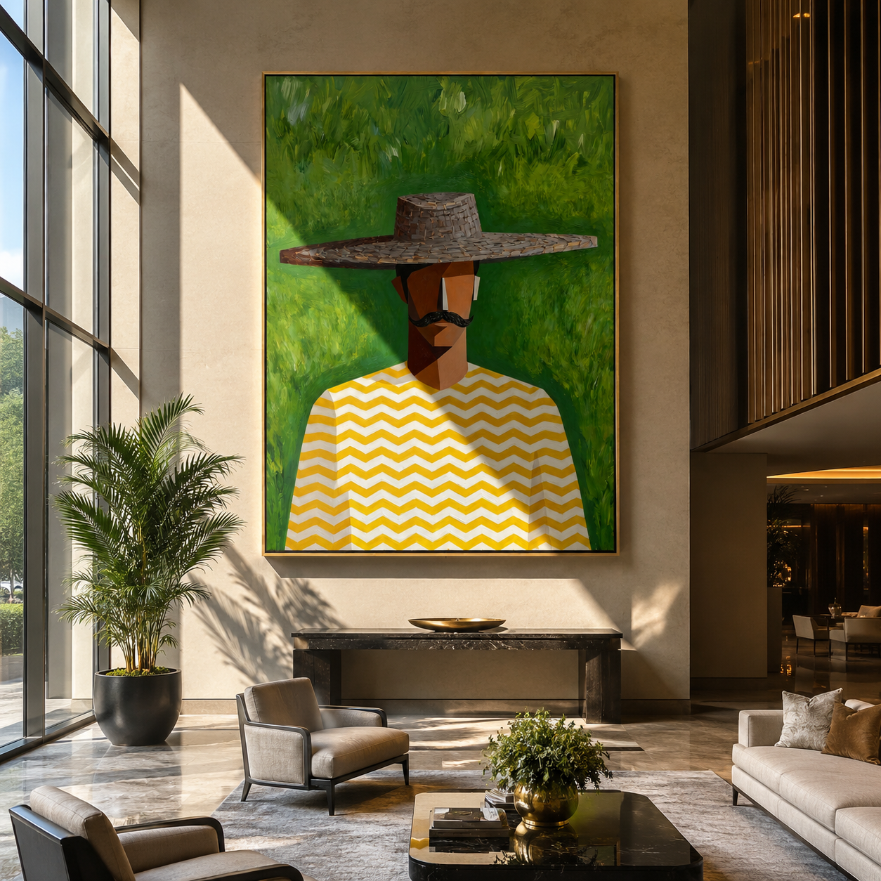 Gray Brim Meets Meadow - man hat portrait painting by Marcus Lau, retro modern vertical wall art – styled room scene view 3