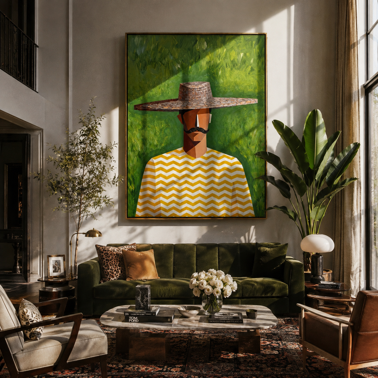 Gray Brim Meets Meadow - man hat portrait painting by Marcus Lau, retro modern vertical wall art – styled room scene view 4