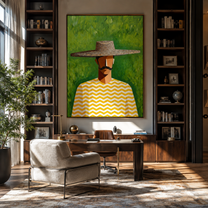 Gray Brim Meets Meadow - man hat portrait painting by Marcus Lau, retro modern vertical wall art – styled room scene view 5