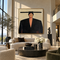 Black Shoulders Carry Ivory - geometric black suit portrait by Marcus Lau, retro modern square wall art – styled room scene view 1