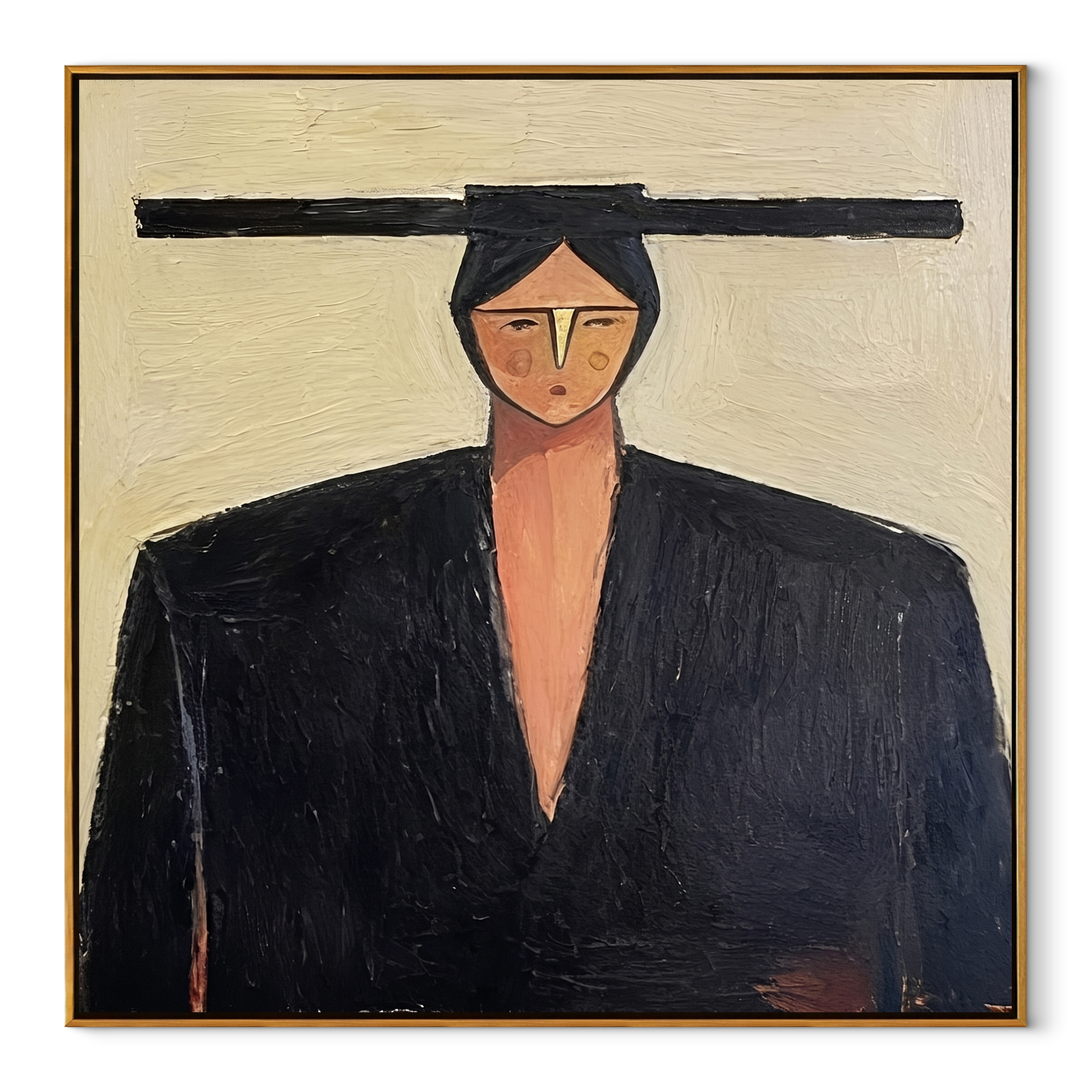 Black Shoulders Carry Ivory - geometric black suit portrait by Marcus Lau, retro modern square wall art – wood frame on white background