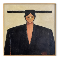 Black Shoulders Carry Ivory - geometric black suit portrait by Marcus Lau, retro modern square wall art – wood frame on white background