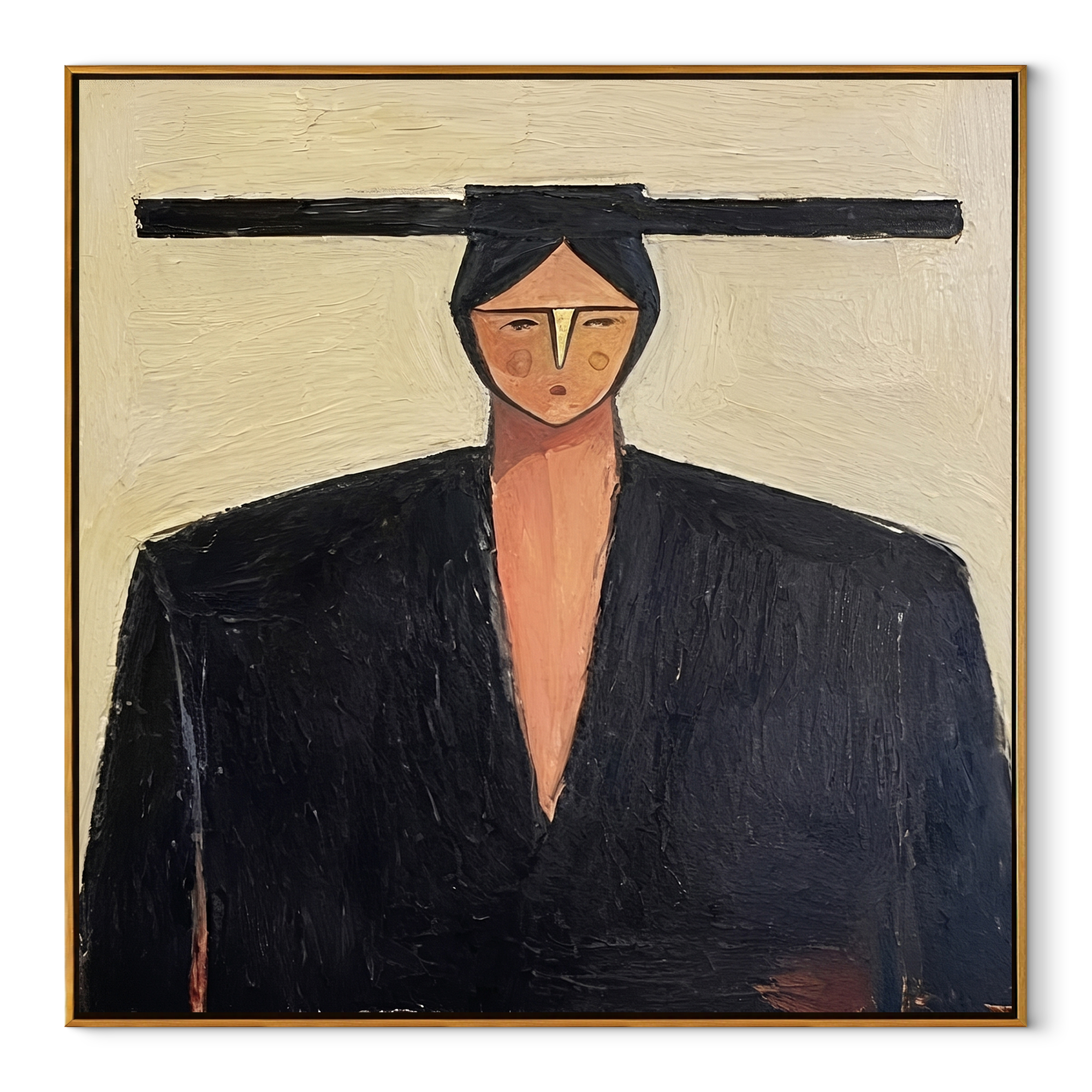Black Shoulders Carry Ivory - geometric black suit portrait by Marcus Lau, retro modern square wall art – wood frame on white background