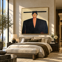 Black Shoulders Carry Ivory - geometric black suit portrait by Marcus Lau, retro modern square wall art – styled room scene view 2