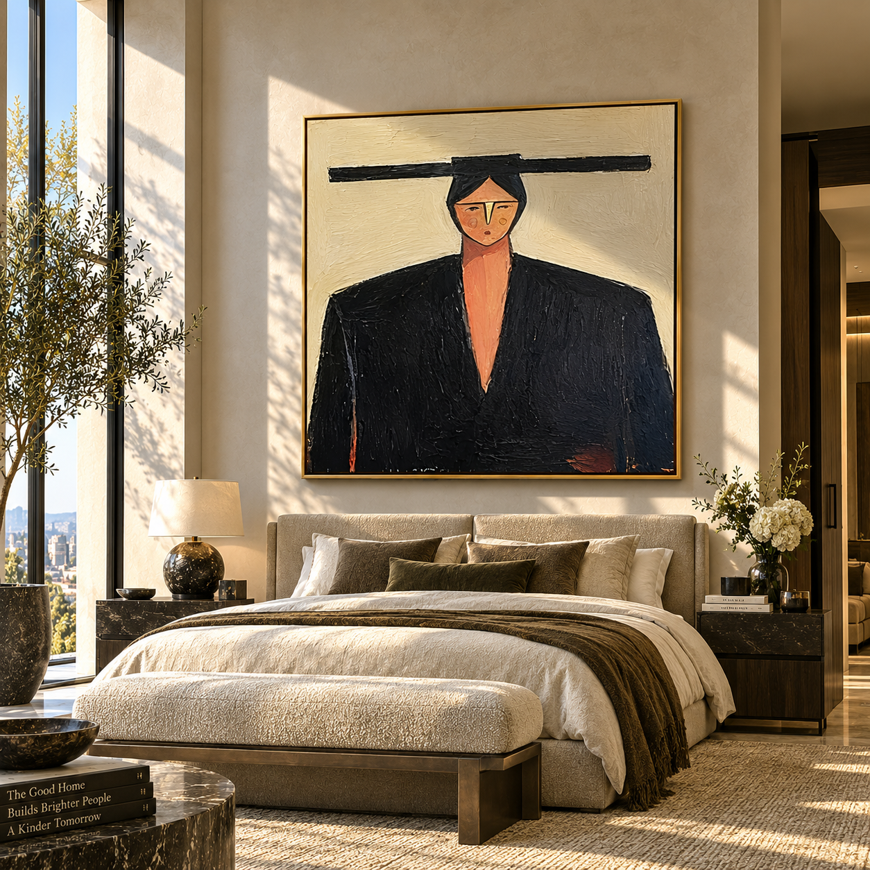 Black Shoulders Carry Ivory - geometric black suit portrait by Marcus Lau, retro modern square wall art – styled room scene view 2