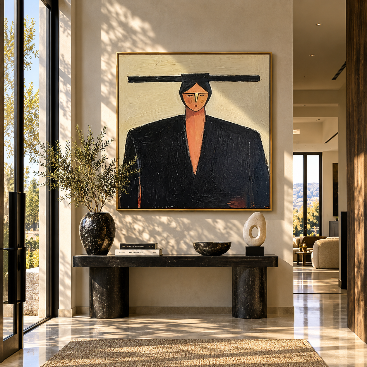 Black Shoulders Carry Ivory - geometric black suit portrait by Marcus Lau, retro modern square wall art – styled room scene view 3